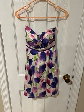 Star Vixen Strapless Floral Dress in Purple, Pink, Green on White